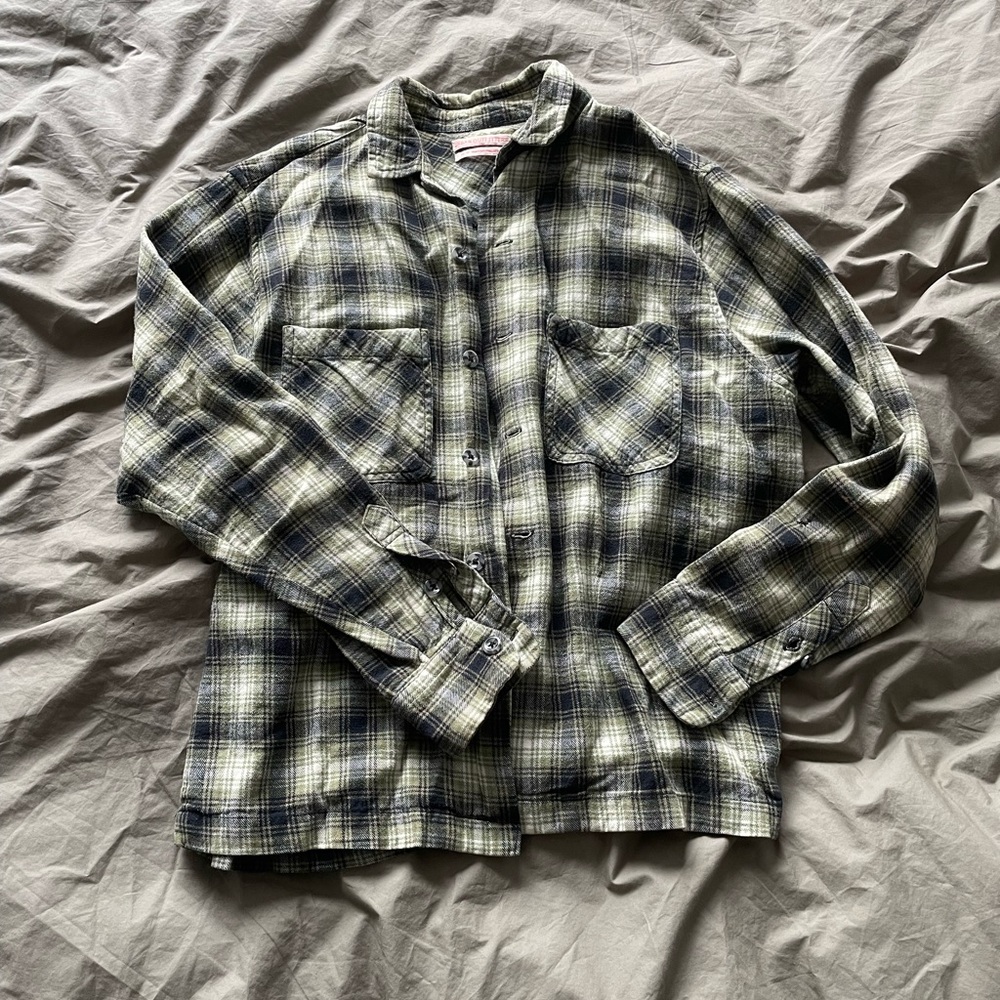 Green and blue plaid flannel shirt